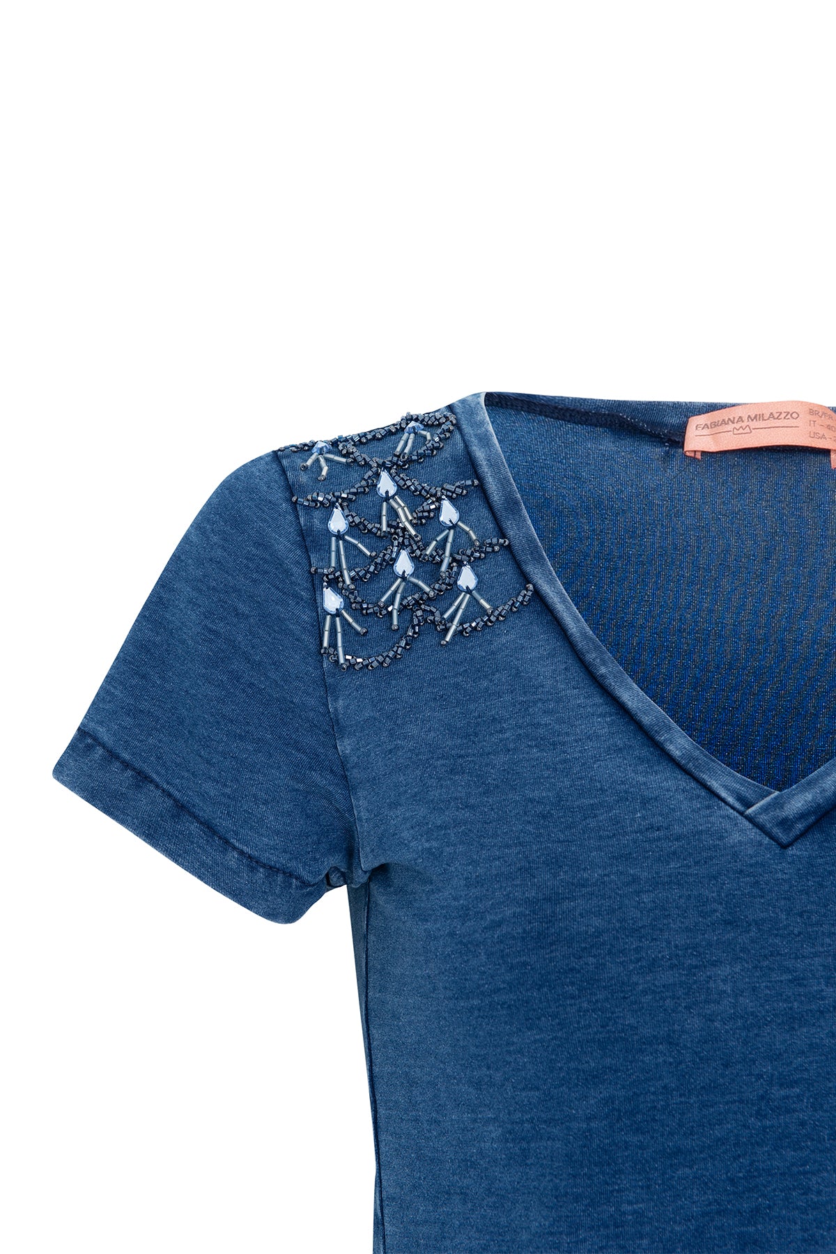 T- Shirt Denim Bordada nos Ombros