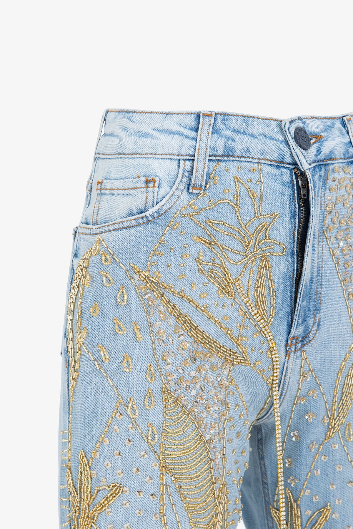 Calça Jeans Bordada com Cós Alto