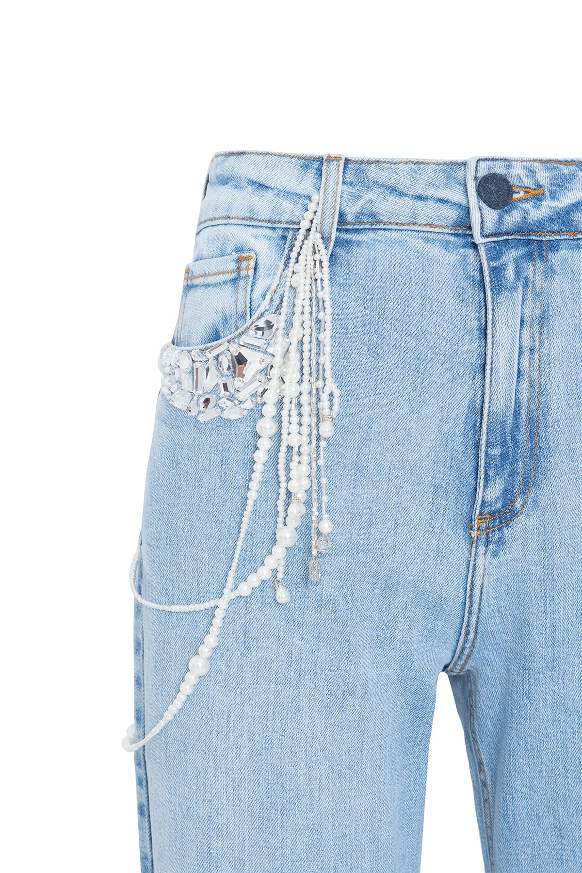 Calça Jeans Bordada Pérolas