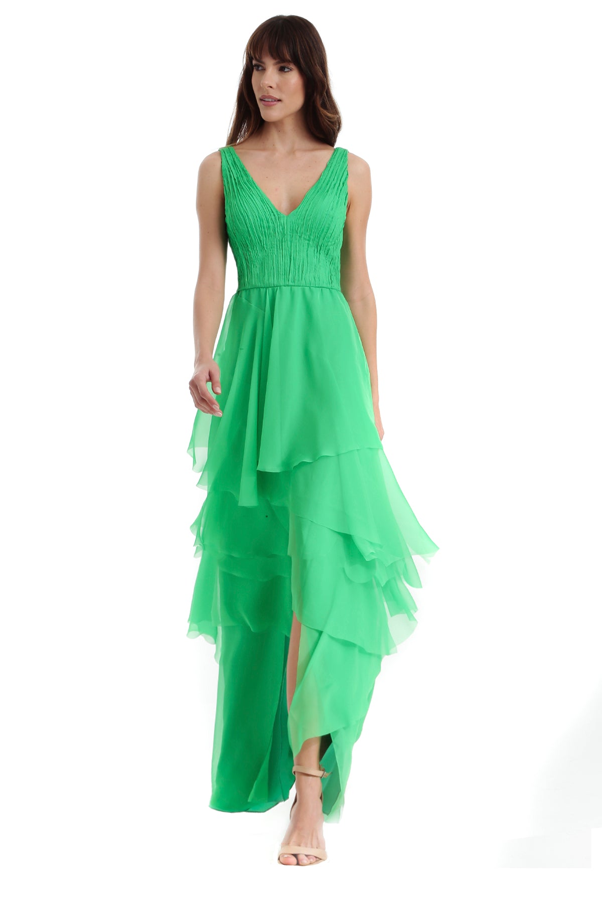 Vestido Longo Musseline Drapeado e Saia com Babados