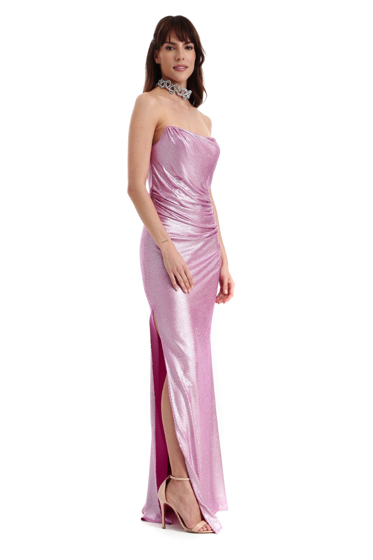 Vestido Longo Drapeado em Cristais