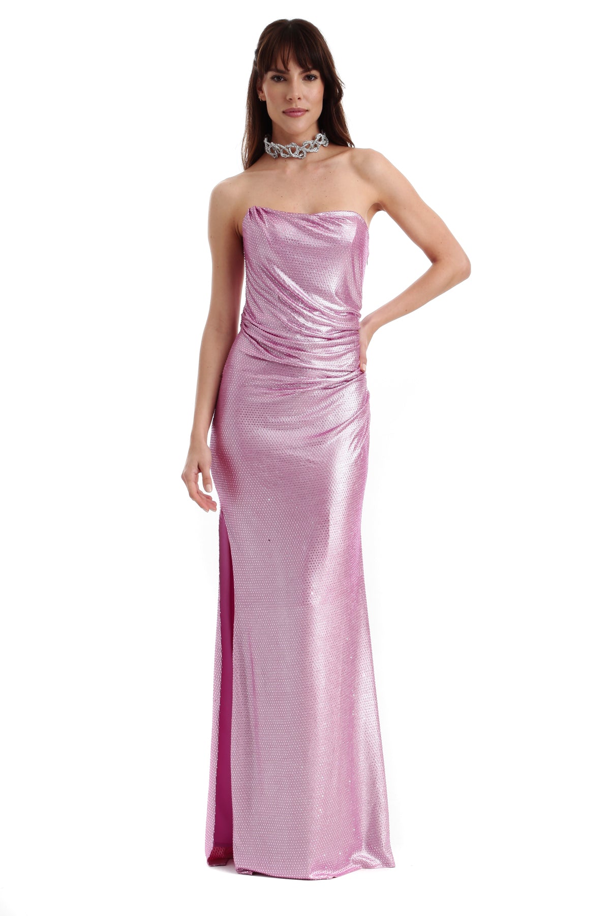 Vestido Longo Drapeado em Cristais