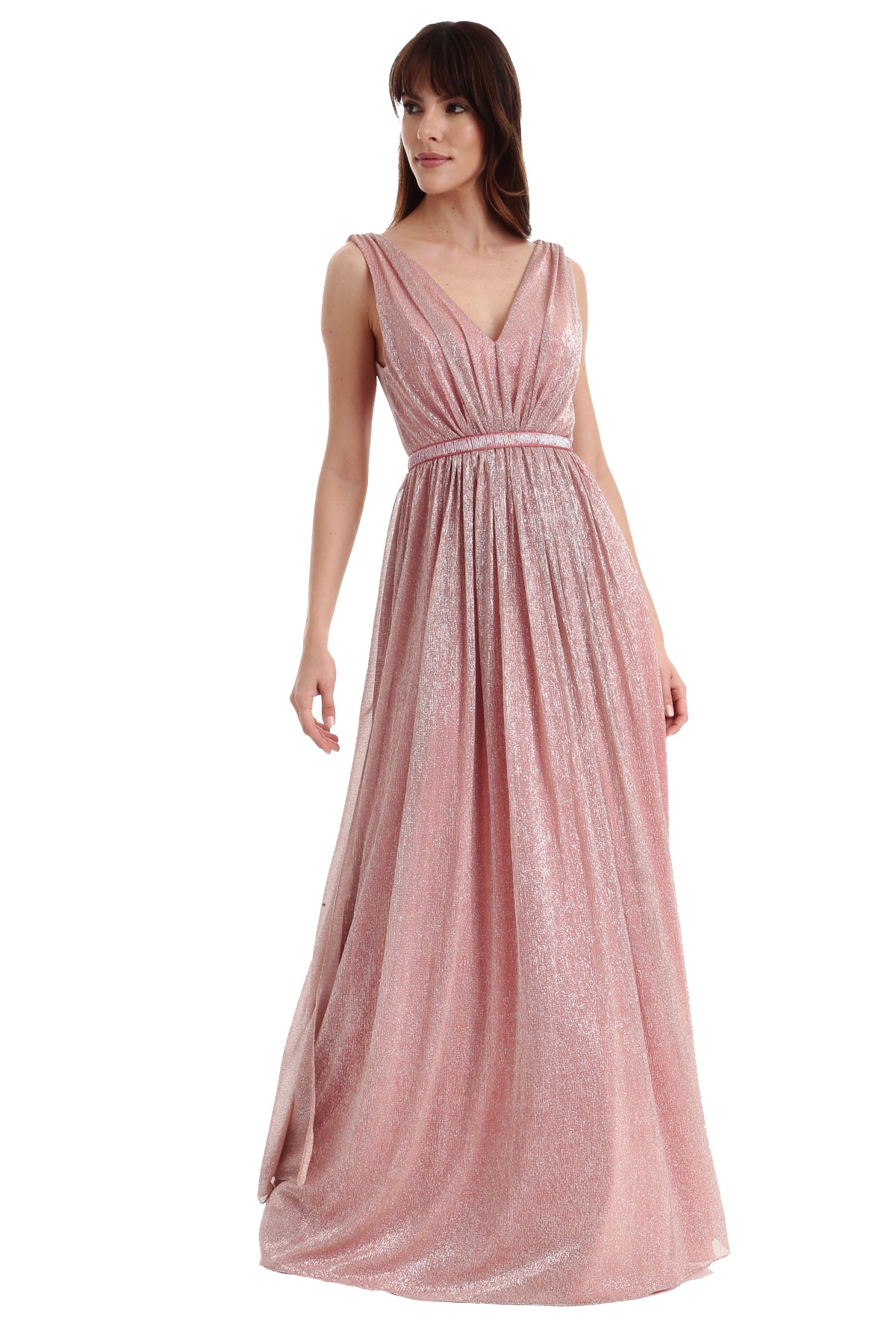 Vestido Longo Metalizado Decote Em V