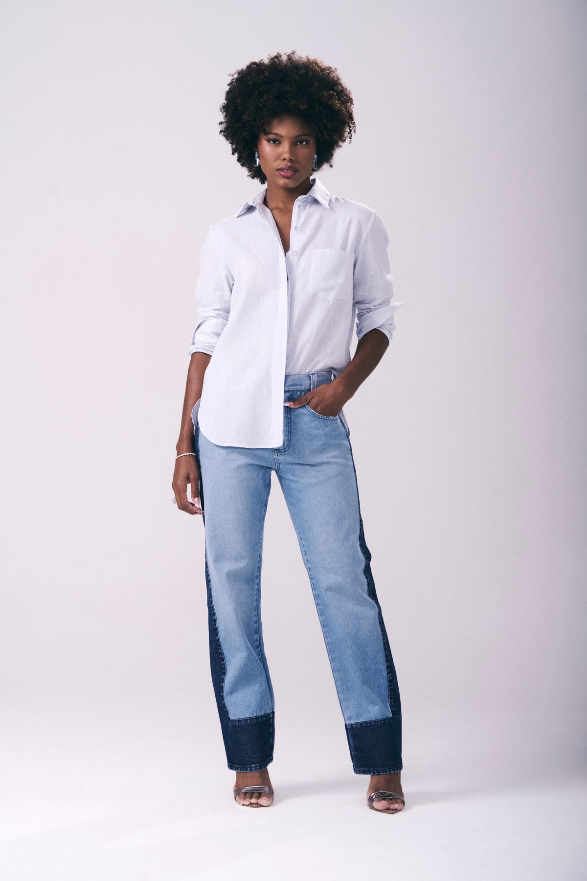Calça Jeans Recorte Lateral Bicolor