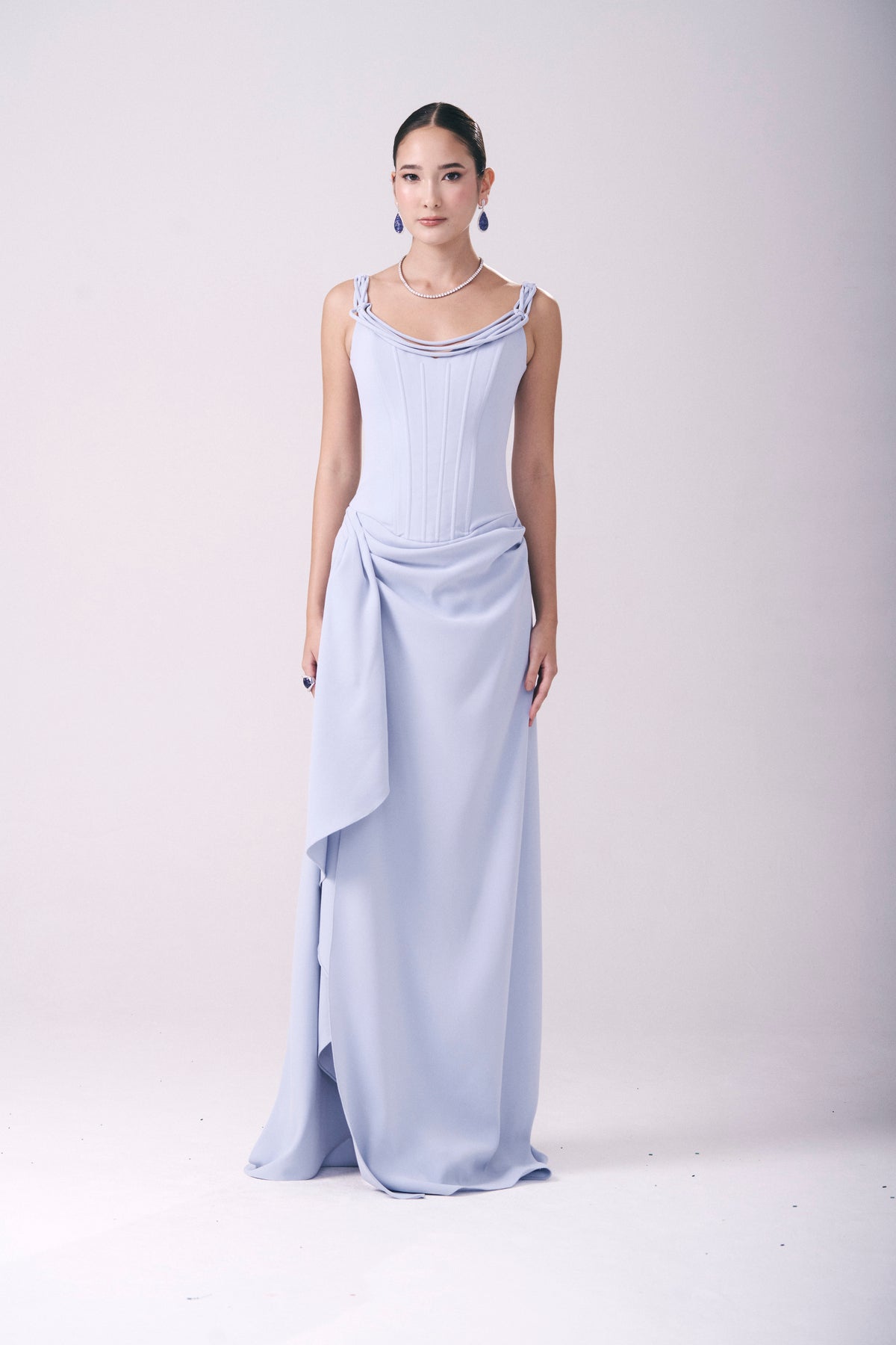 Vestido Longo Crepe Corpo Estruturado