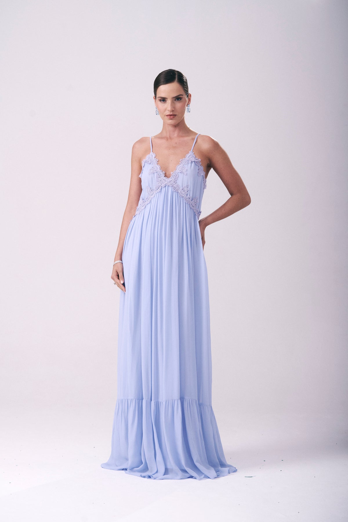 Vestido Longo Alças Finas E Patchwork Renda