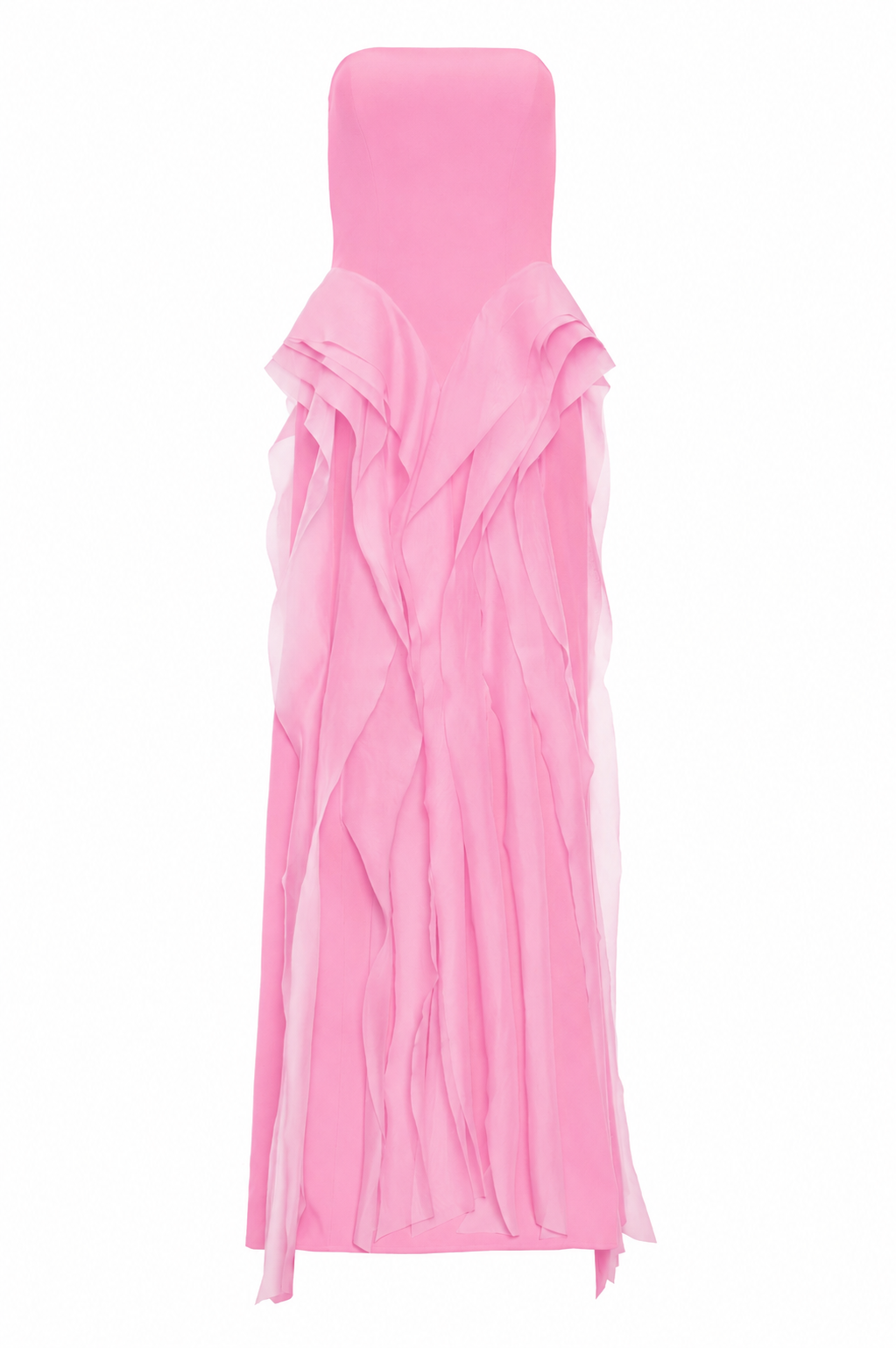 Vestido Longo Crepe E Organza Decote Reto Sem Alças