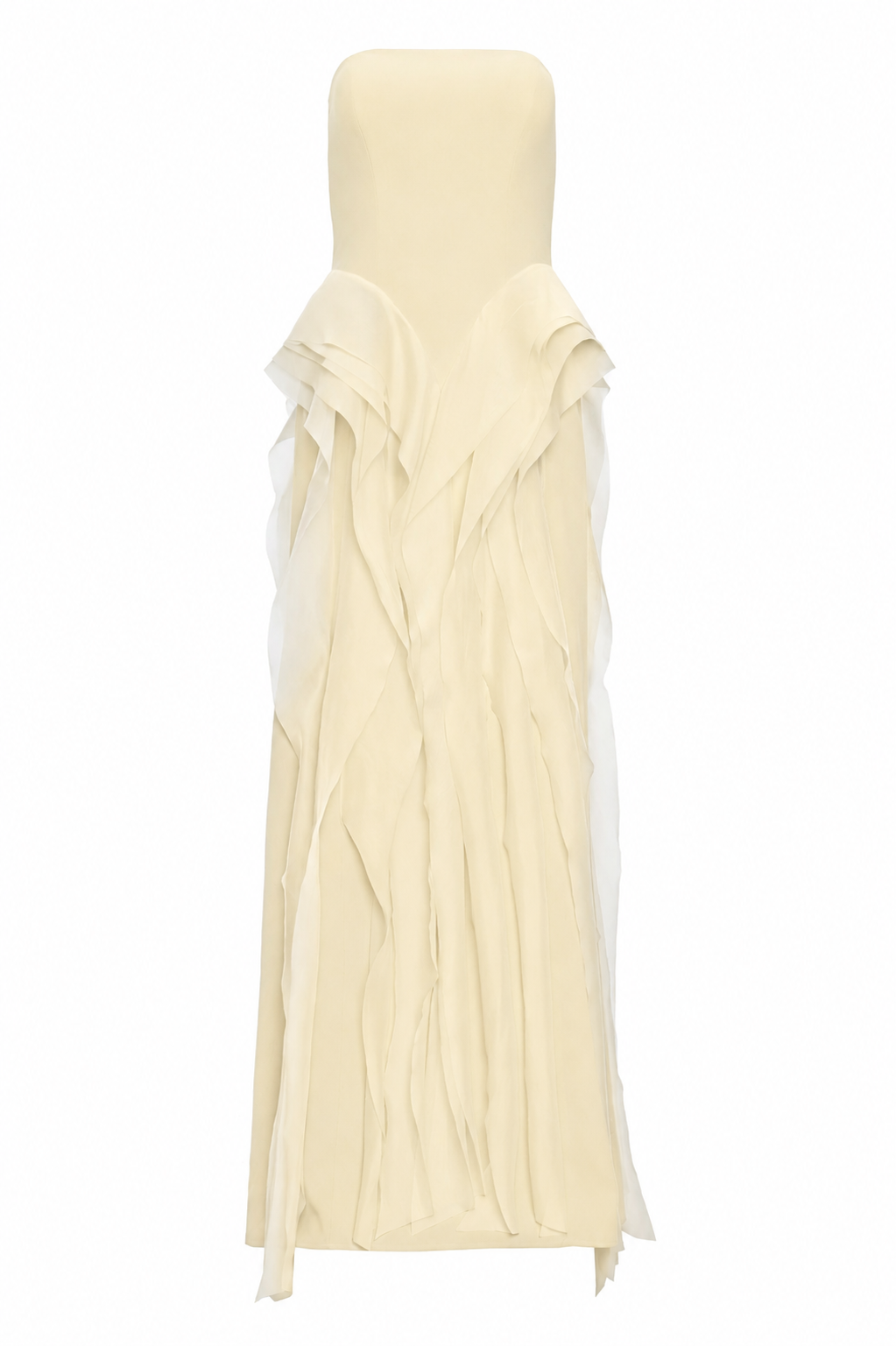Vestido Longo Crepe E Organza Decote Reto Sem Alças