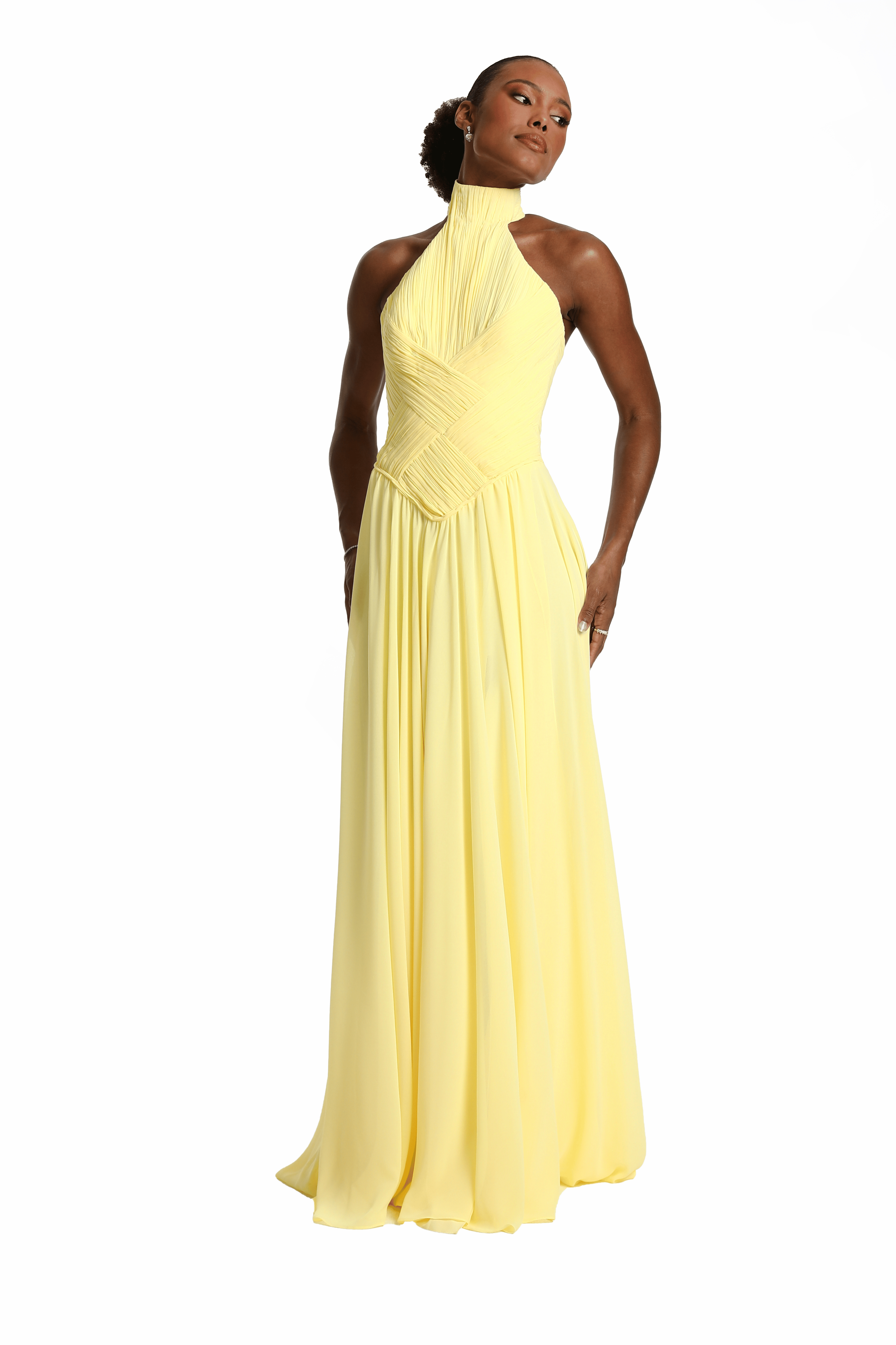 Vestido Longo Gola Alta Drapeado Cruzado PRE ORDER 10 DIAS