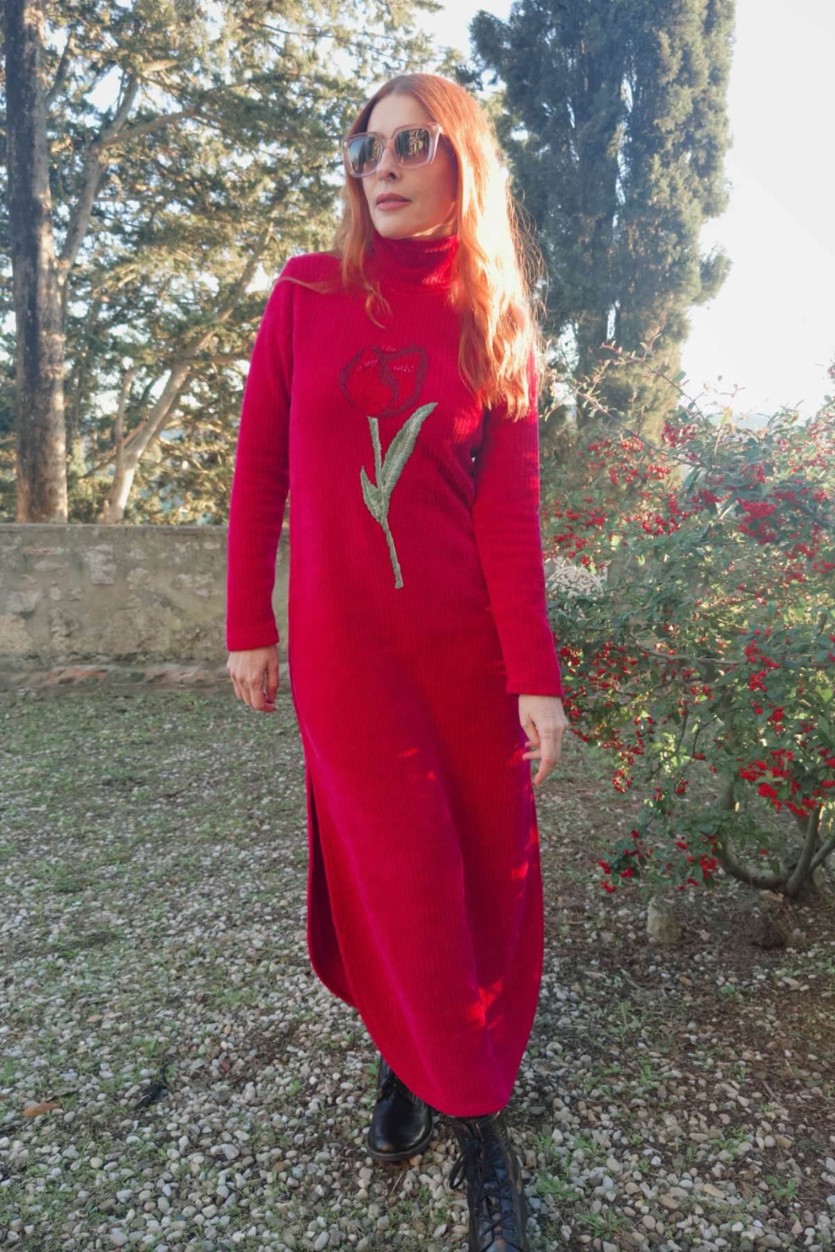 Vestido Gola Alta Chenille Bordado