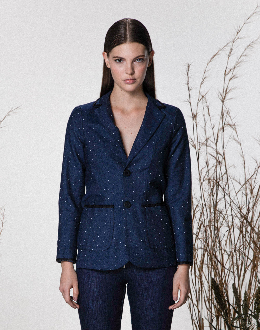 Blazer Jacquard Jeans Alfaiataria Clássico