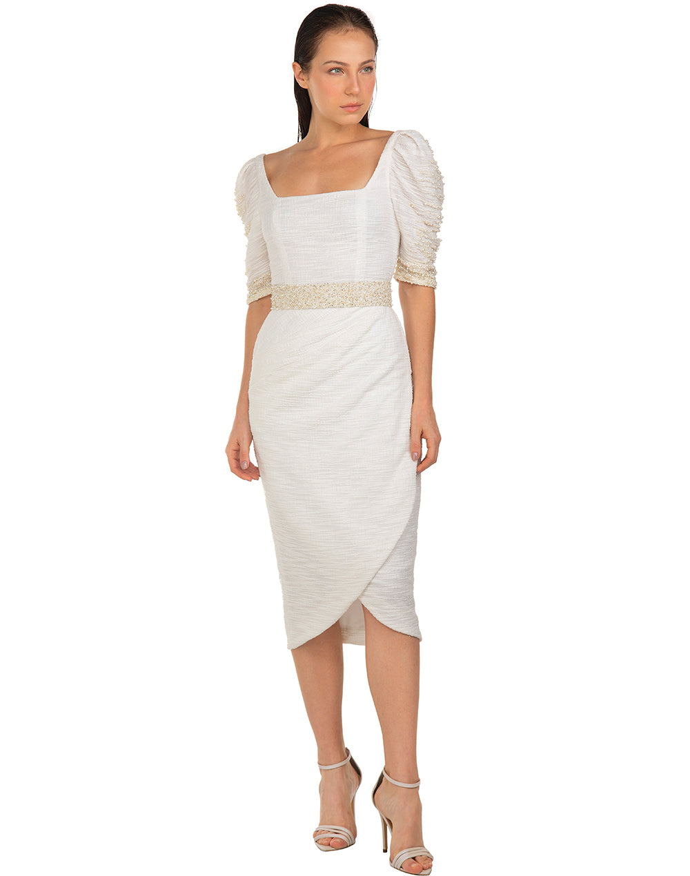 Vestido Midi em Malha Tweed Com Mangas Bordado