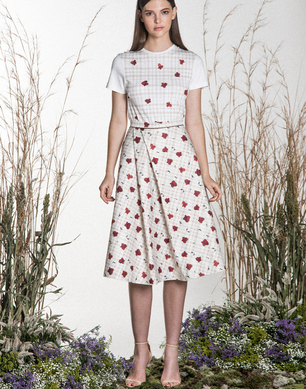 Saia Midi Gabardini Xadrez Floral