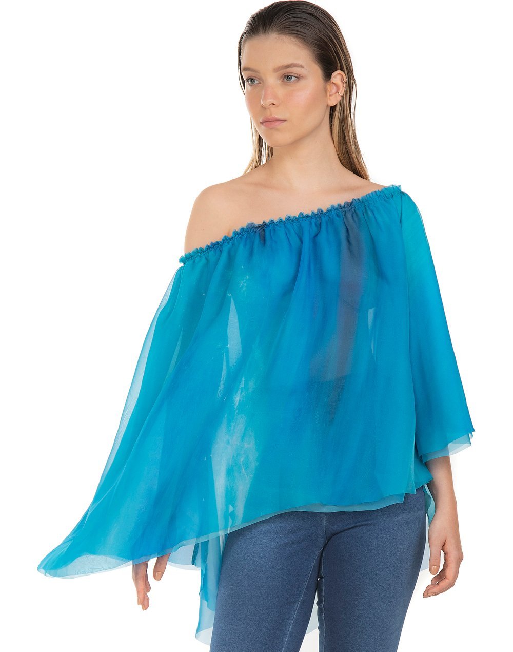 Blusa um Ombro Só Estampada em Musseline
