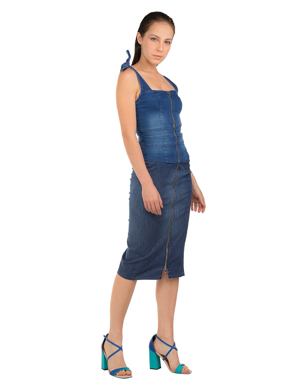 Blusa Jeans com Alças e Zíper Frontal