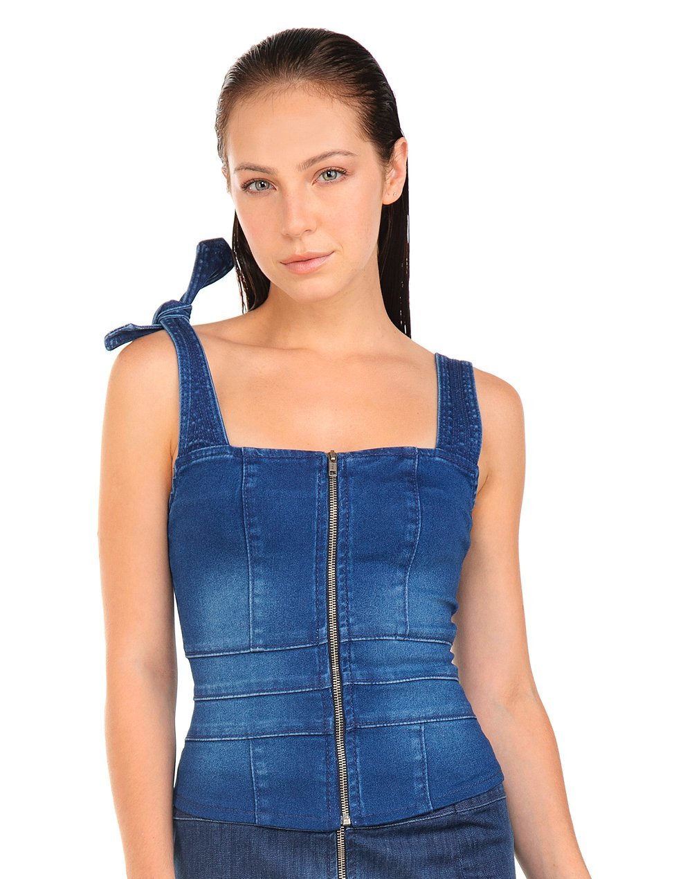 Blusa Jeans com Alças e Zíper Frontal