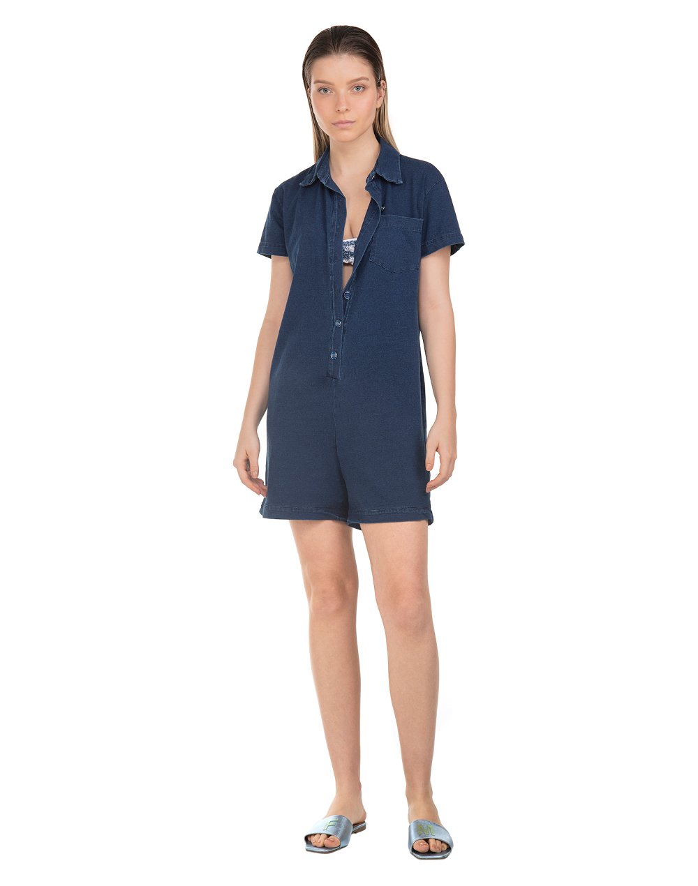 Macaquinho Malha Denim com Abotoamento Frontal