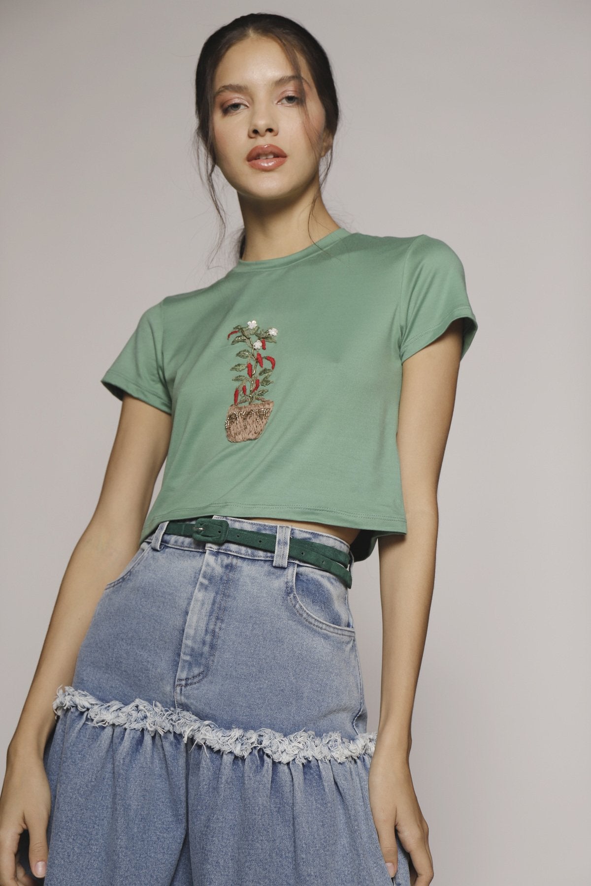 T-Shirt Cropped com Gola Redonda e Bordado Vaso de Pimenta